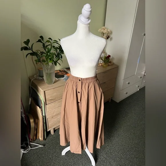 ZARA Tan Camel Khaki Button Down Elastic High-Waist Asymmetrical Midi Maxi Skirt - Picture 6 of 16
